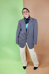 Men's vintage 1970's Double Knits Tailored by Jantzen label long sleeve polyester blazer with navy, white, and maroon all over houndstooth print.