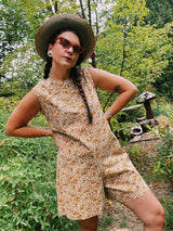 sleeveless brown and cream printed romper with zipper in the back short length women's vintage 1960's