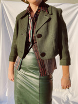 3/4 arm length cropped two button closure green jacket vintage 1950's