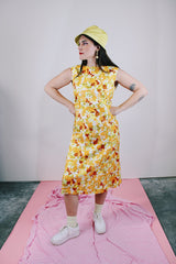 sleeveless orange floral printed midi dress vintage 1960's