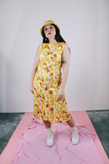 sleeveless orange floral printed midi dress vintage 1960's