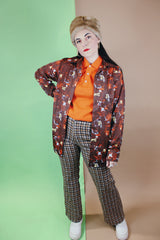 Men's or women's vintage 1970's Knit Collection, Bonds label long sleeve brown polyester material button up shirt with pointy collar with all over abstract print.