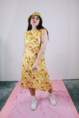 sleeveless orange floral printed midi dress vintage 1960's
