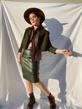 forest green high waisted leather pencil skirt vintage 1980's