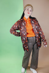 Men's or women's vintage 1970's Knit Collection, Bonds label long sleeve brown polyester material button up shirt with pointy collar with all over abstract print.