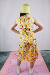 sleeveless orange floral printed midi dress vintage 1960's