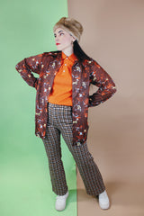 Men's or women's vintage 1970's Knit Collection, Bonds label long sleeve brown polyester material button up shirt with pointy collar with all over abstract print.