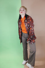 Men's or women's vintage 1970's Knit Collection, Bonds label long sleeve brown polyester material button up shirt with pointy collar with all over abstract print.