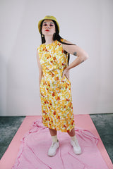 sleeveless orange floral printed midi dress vintage 1960's
