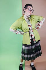 Men's or women's vintage 1970's Sears, The Men's Store label short sleeve button up shirt with a pointy collar and one chest pocket in vibrant olive green cotton polyester blend material