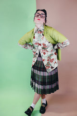 Men's or women's vintage 1970's Jean Joint label long sleeve button up shirt with a pointy collar in green with an all over brown floral and butterfly print.