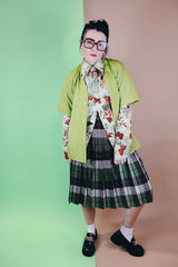 Men's or women's vintage 1970's Jean Joint label long sleeve button up shirt with a pointy collar in green with an all over brown floral and butterfly print.