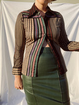 long sleeve button up blouse with tan and black stripes vintage 1970's