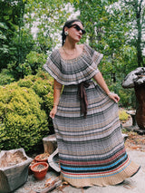 off the shoulder striped maxi dress with tie belt vintage 1970's