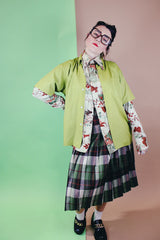 Men's or women's vintage 1970's Sears, The Men's Store label short sleeve button up shirt with a pointy collar and one chest pocket in vibrant olive green cotton polyester blend material