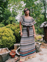 off the shoulder striped maxi dress with tie belt vintage 1970's