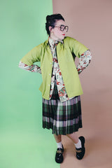 Men's or women's vintage 1970's Sears, The Men's Store label short sleeve button up shirt with a pointy collar and one chest pocket in vibrant olive green cotton polyester blend material