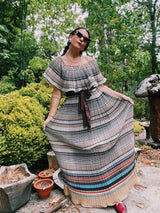 off the shoulder striped maxi dress with tie belt vintage 1970's