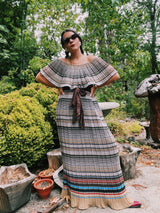 off the shoulder striped maxi dress with tie belt vintage 1970's