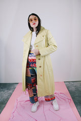 long sleeve long length citrus yellow leather coat buttons up the front vintage women's 1970's