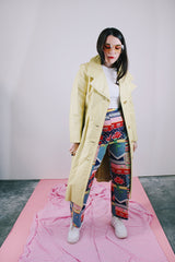 long sleeve long length citrus yellow leather coat buttons up the front vintage women's 1970's