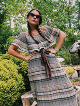 off the shoulder striped maxi dress with tie belt vintage 1970's