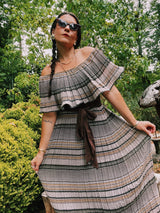 off the shoulder striped maxi dress with tie belt vintage 1970's