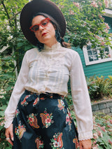 long sleeve cream blouse with mock neck and lace trim women's vintage 1970's