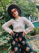 long sleeve cream blouse with mock neck and lace trim women's vintage 1970's