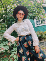 long sleeve cream blouse with mock neck and lace trim women's vintage 1970's