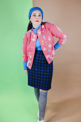 Women's vintage 1970's high waisted knee length wool plaid print pencil skirt. Blue with dark green, white, and black plaid print