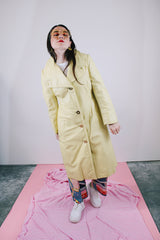long sleeve long length citrus yellow leather coat buttons up the front vintage women's 1970's