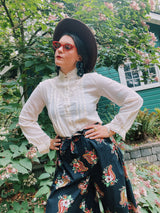 long sleeve cream blouse with mock neck and lace trim women's vintage 1970's