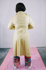 long sleeve long length citrus yellow leather coat buttons up the front vintage women's 1970's