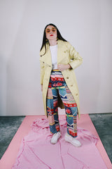 long sleeve long length citrus yellow leather coat buttons up the front vintage women's 1970's