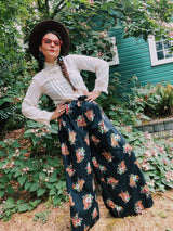 black floral print tie wrap pants vintage women's 1970's