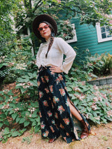 black floral print tie wrap pants vintage women's 1970's