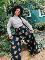 black floral print tie wrap pants vintage women's 1970's
