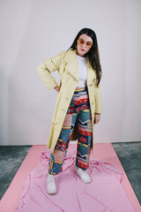 long sleeve long length citrus yellow leather coat buttons up the front vintage women's 1970's