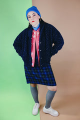 Women's vintage 1970's Woolrich Woman, Made in USA label long sleeve navy fleece sweater. Popper buttons up the front, two pockets, rolled collar, and white speckle print all over.