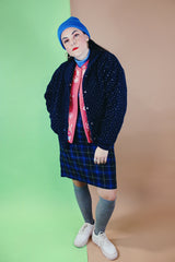 Women's vintage 1970's Woolrich Woman, Made in USA label long sleeve navy fleece sweater. Popper buttons up the front, two pockets, rolled collar, and white speckle print all over.