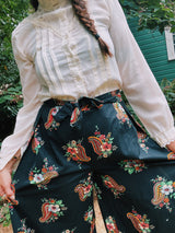 black floral print tie wrap pants vintage women's 1970's