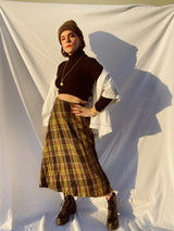 black and yellow plaid wool blend maxi skirt vintage 1980's