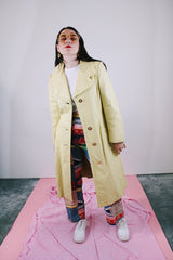 long sleeve long length citrus yellow leather coat buttons up the front vintage women's 1970's
