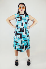 brown and blue and white printed matching jacket and dress vintage 1960's