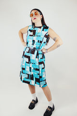 brown and blue and white printed matching jacket and dress vintage 1960's