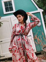 long sleeve maroon with brown feather print robe vintage 1940's