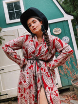 long sleeve maroon with brown feather print robe vintage 1940's