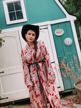 long sleeve maroon with brown feather print robe vintage 1940's