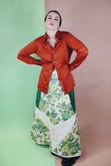 Men's vintage 1970's Joel California label long sleeve button up polyester material shirt in a rich burnt orange.